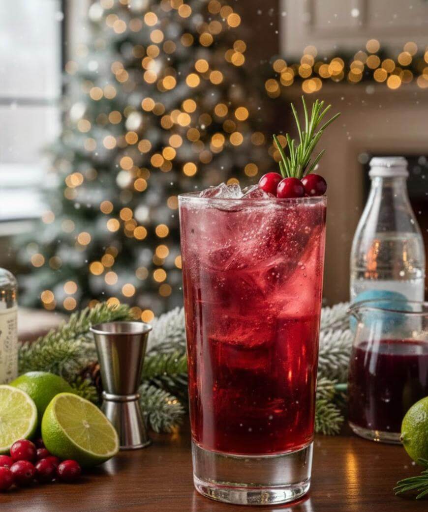 A festive red cocktail with ice, garnished with cranberries and a rosemary sprig, sits on a decorated table with limes and holiday greenery. Warm, blurry holiday lights and a Christmas tree are in the background.