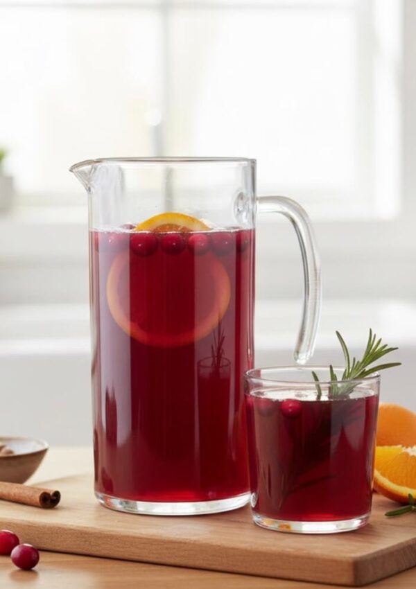 A clear glass pitcher and a glass filled with red cranberry drink, garnished with orange slices, cranberries, and rosemary, sit on a wooden surface near an orange wedge and honey dipper.
