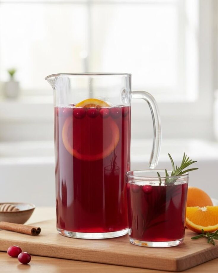 A clear glass pitcher and a glass filled with red cranberry drink, garnished with orange slices, cranberries, and rosemary, sit on a wooden surface near an orange wedge and honey dipper.