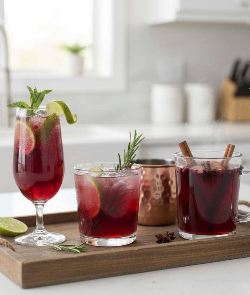 A wooden tray holds four red drinks: a tall glass with lime and mint, a short glass with ice and rosemary, a copper mug, and a clear mug with cinnamon sticks and star anise, set in a bright kitchen.