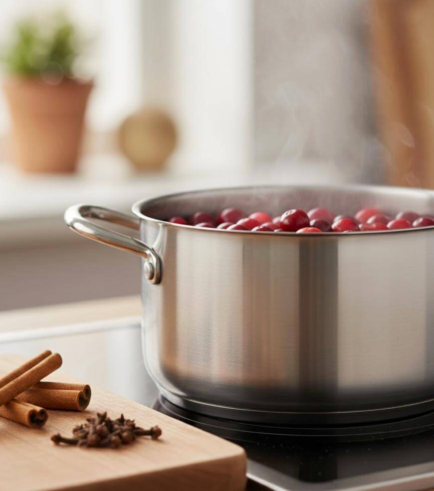 A stainless steel pot filled with cranberries is simmering on a stovetop, with steam rising. In the foreground, cinnamon sticks and whole cloves rest on a wooden cutting board. The background is softly blurred.