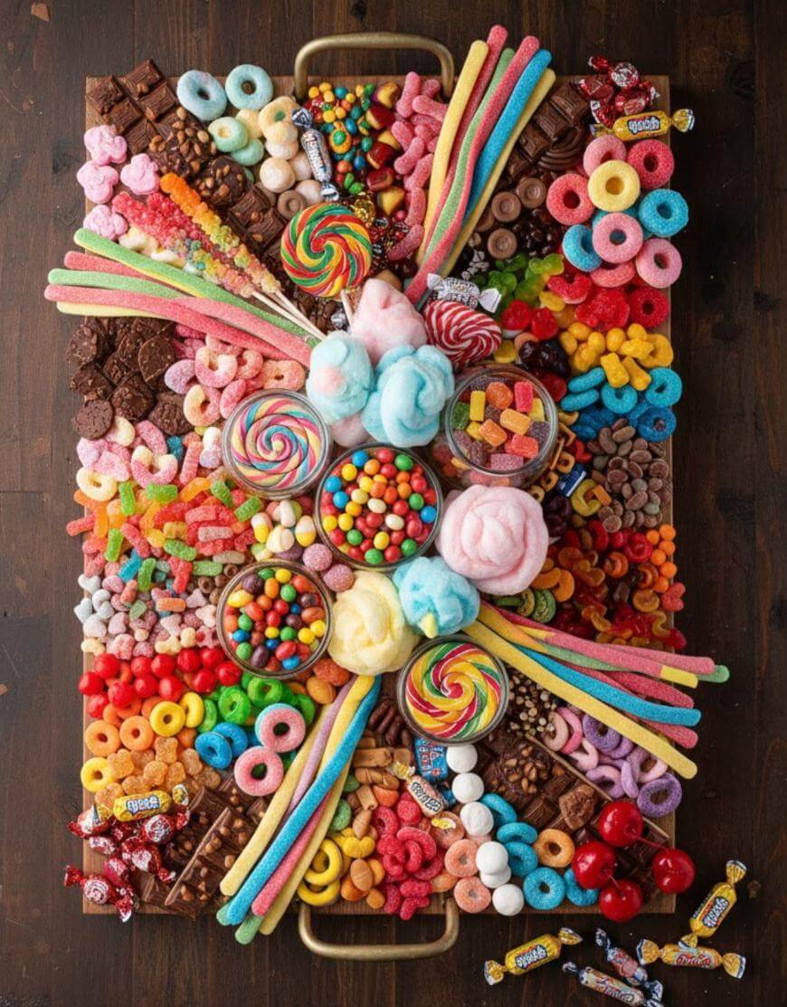 A large wooden tray filled with assorted colorful candies, chocolates, lollipops, cotton candy, and gummies, arranged in a visually striking, symmetrical pattern on a dark surface.