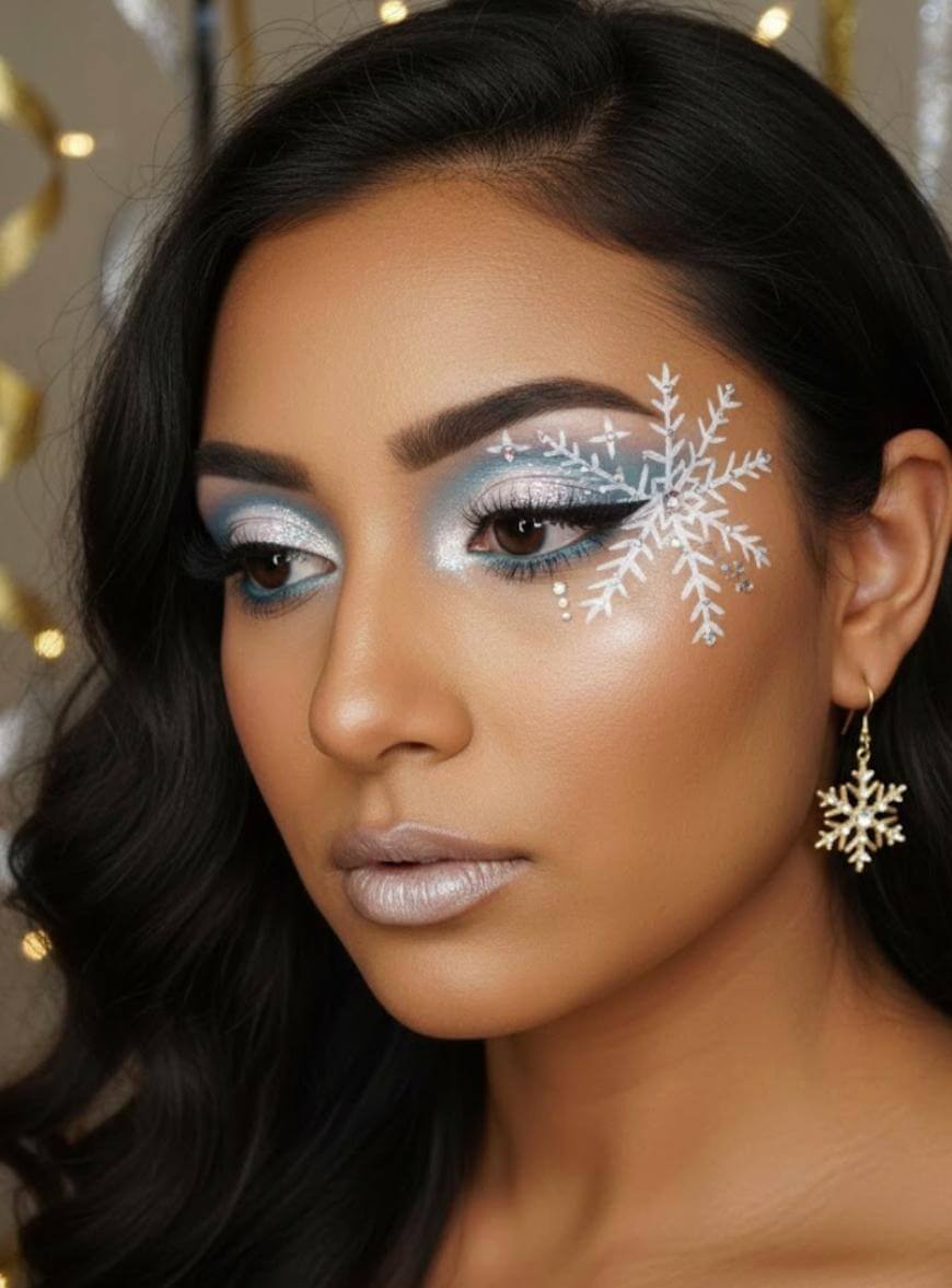 A woman with shimmering silver and blue eye makeup, winged eyeliner, and a large white snowflake painted on her cheek. She wears snowflake-shaped earrings and a shimmery, frosty nude lip color.