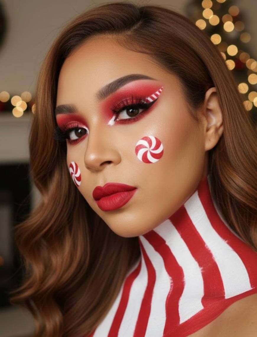 A woman with long brown hair wears bold red and white peppermint-inspired makeup, featuring peppermint swirls on her cheeks and red-and-white stripes painted on her neck, with blurred holiday lights in the background.