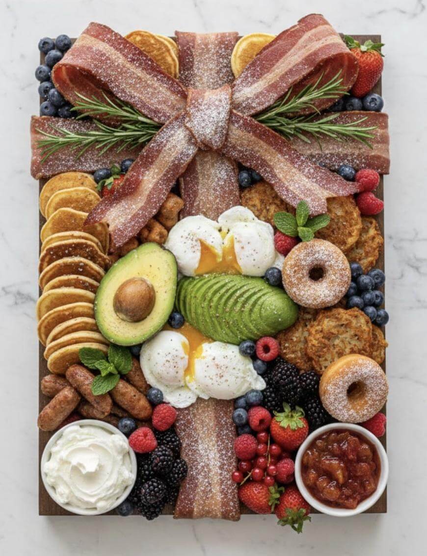 A breakfast platter arranged like a gift, with bacon strips as a bow and ribbon, featuring pancakes, avocado, poached eggs, berries, mini donuts, sausage, hash browns, whipped cream, jam, and herbs on a white surface.
