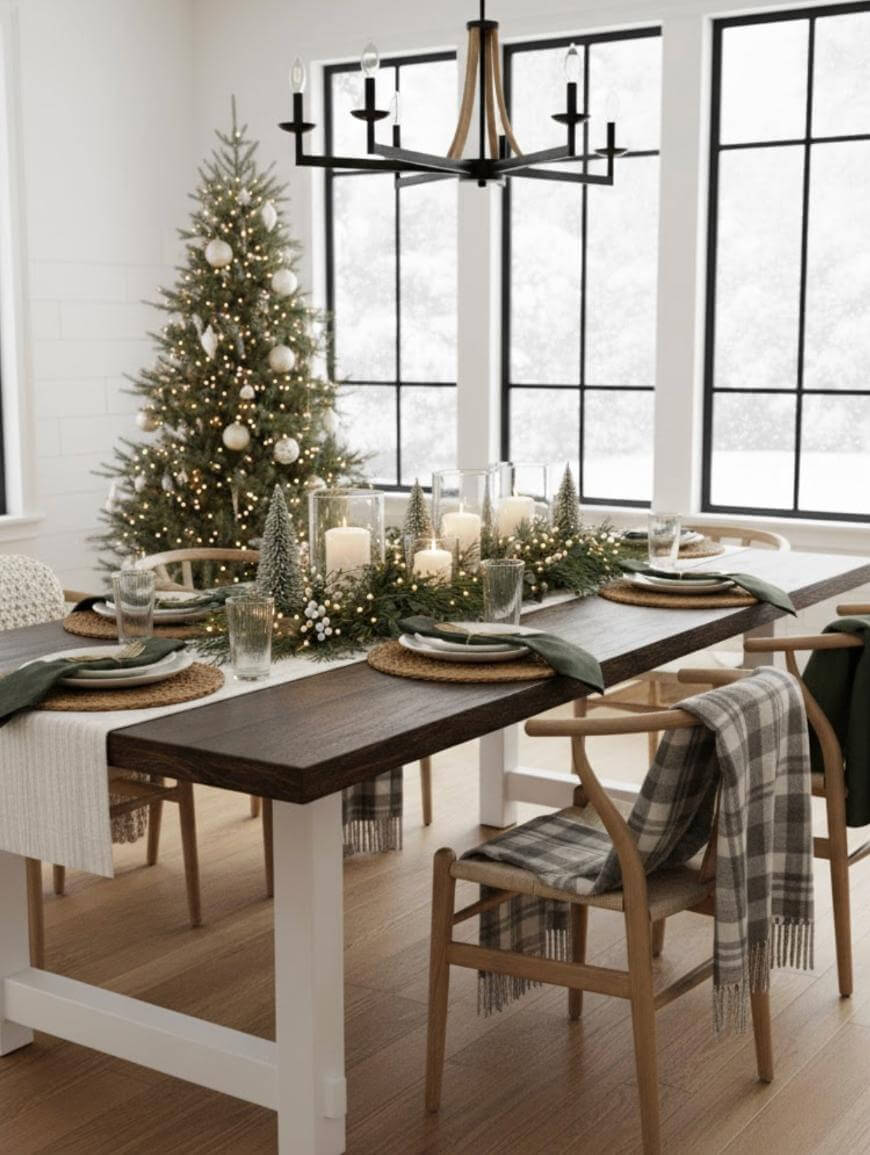 A festive dining room with a decorated Christmas tree, a wooden table set for four, green napkins, candles, and a holiday centerpiece. Large windows reveal a snowy outdoor scene.
