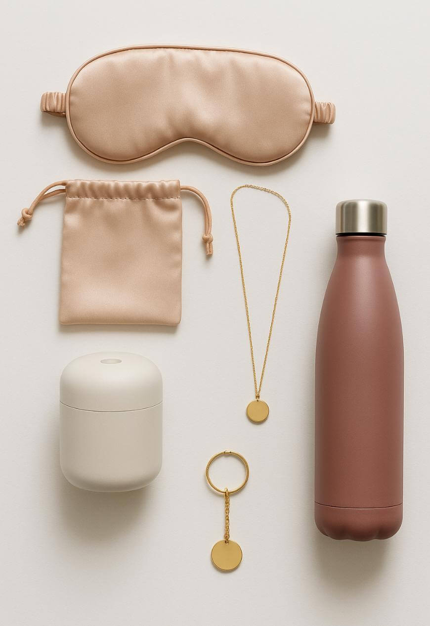 A flat lay of a beige satin sleep mask, a matching drawstring pouch, a gold pendant necklace, a gold keychain, a matte white container, and a mauve stainless steel bottle on a light background.