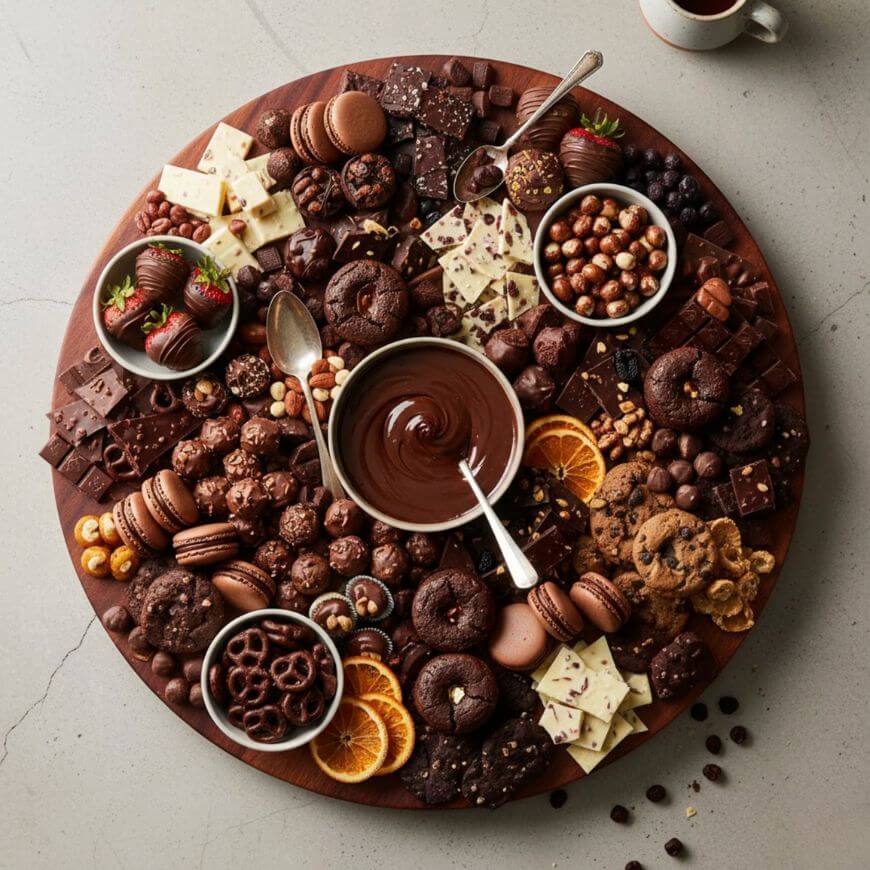 A round wooden board filled with assorted chocolate treats, including cookies, brownies, macarons, chocolate-covered nuts, pretzels, orange slices, and a bowl of melted chocolate in the center with two spoons.
