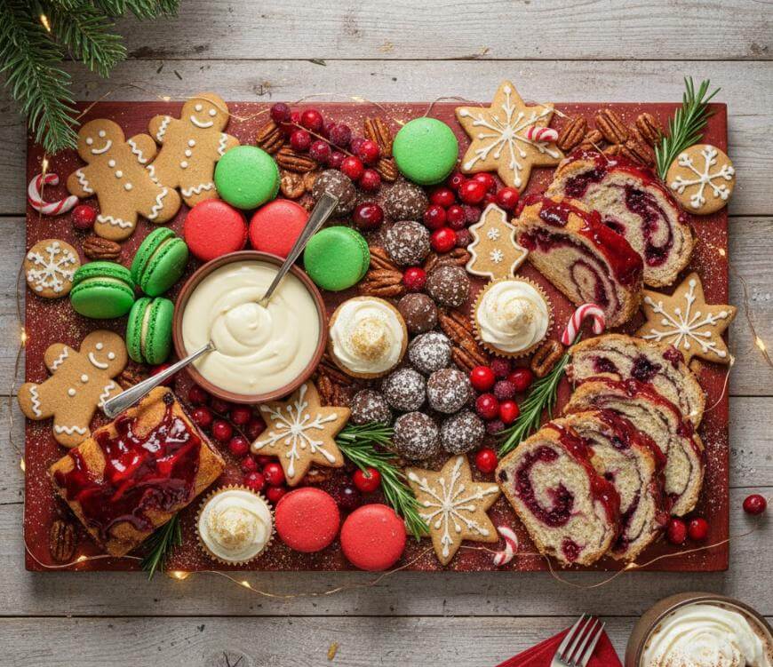 A festive platter with gingerbread cookies, red and green macarons, star-shaped cookies, cranberry swirl bread, cream cheese dip, pecans, cranberries, and holiday decorations on a wooden table.
