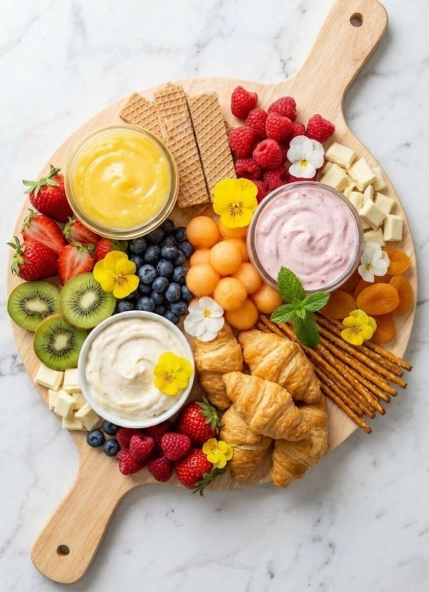 A round wooden board with croissants, fresh strawberries, blueberries, raspberries, kiwi, melon, dried apricots, pretzel sticks, wafers, white chocolate, and three bowls of dips, garnished with edible flowers.