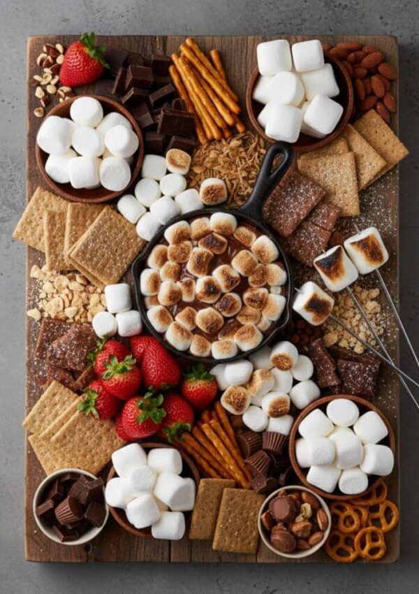 A wooden board with toasted marshmallows in a skillet, surrounded by graham crackers, chocolate, strawberries, marshmallows, pretzels, peanuts, and small bowls of chocolate candies, ready for making s’mores.