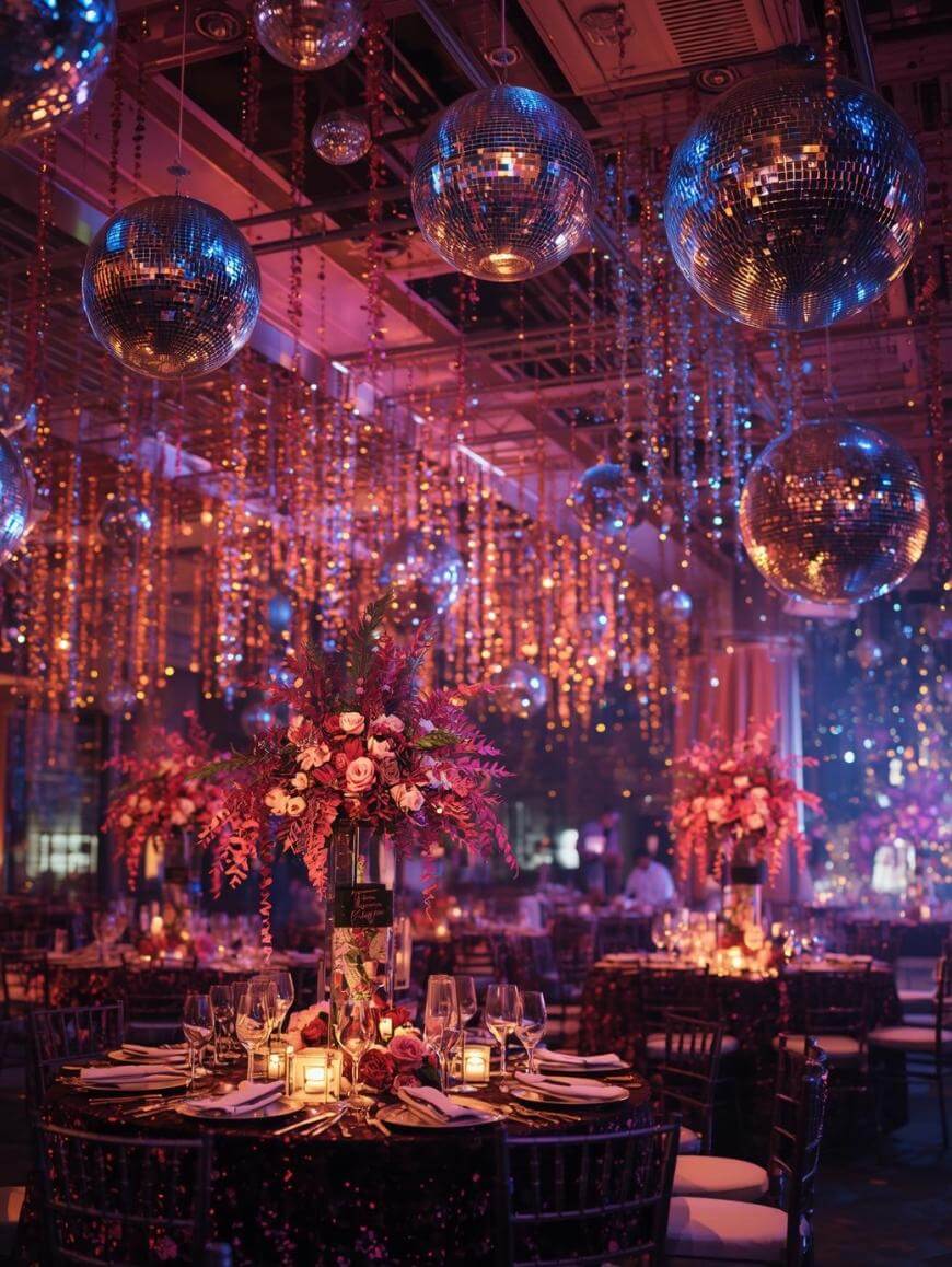 A lavish event space decorated with hanging disco balls, cascading golden beads, and elegant flower centerpieces on round tables set with candles, glassware, and plates, all bathed in colorful, moody lighting.