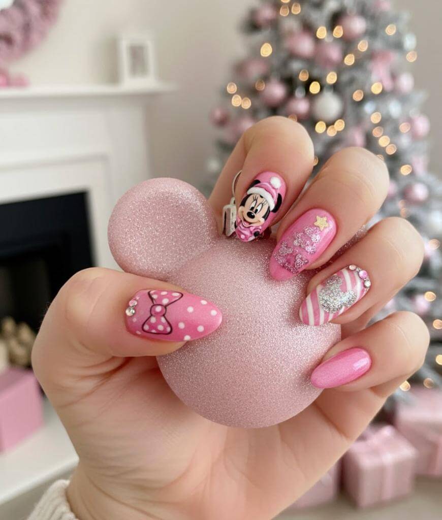 A hand with long pink nails features Minnie Mouse designs and glitter. The hand holds a pink, Mickey Mouse-shaped object with a bow, and a decorated Christmas tree with pink ornaments is in the blurred background.