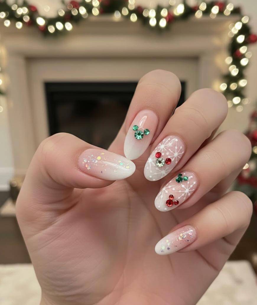 A hand with long, almond-shaped nails featuring festive nail art. Designs include red and green gems, white snowflakes, glitter, and gradient white tips. A blurred holiday-themed background with lights is visible.