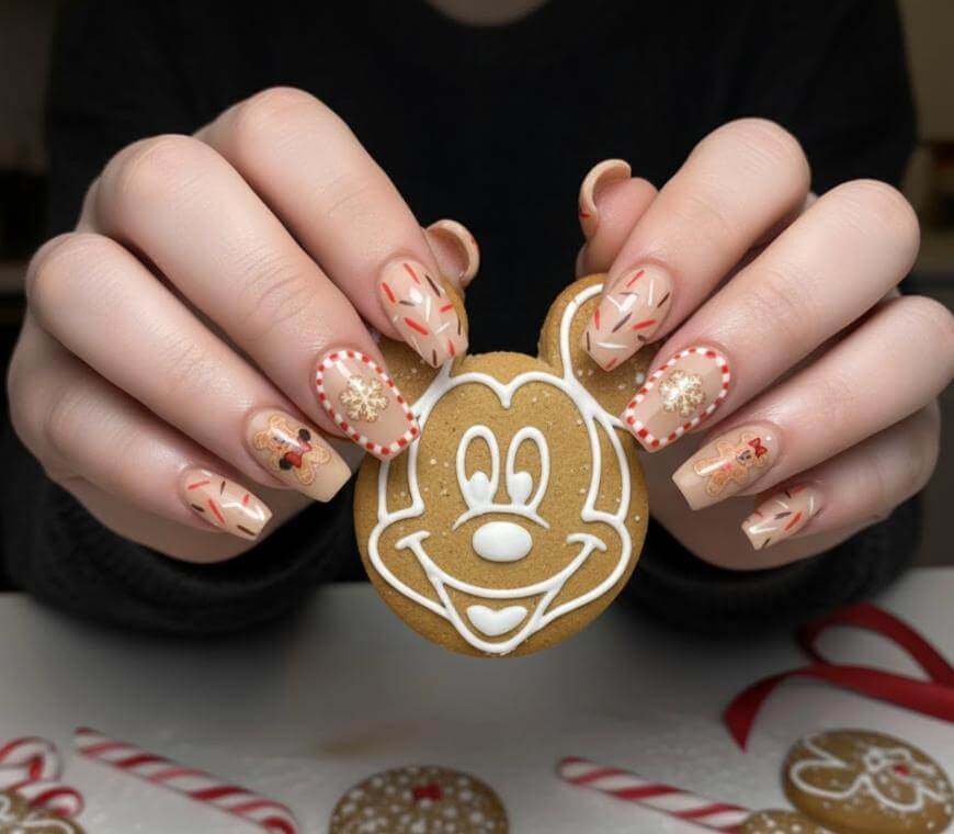 Hands with festive nail art, holding a gingerbread cookie shaped like a cartoon mouse head with white icing. The nails feature holiday designs, including candy canes and gingerbread men, on a light background.