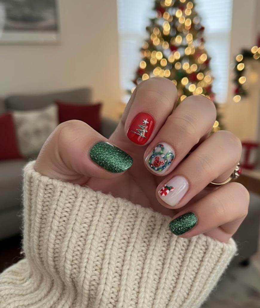 A hand with festive Christmas-themed nail art, featuring green glitter, a red nail with a white tree, and designs with holly and snowflakes. A blurred Christmas tree is in the background.