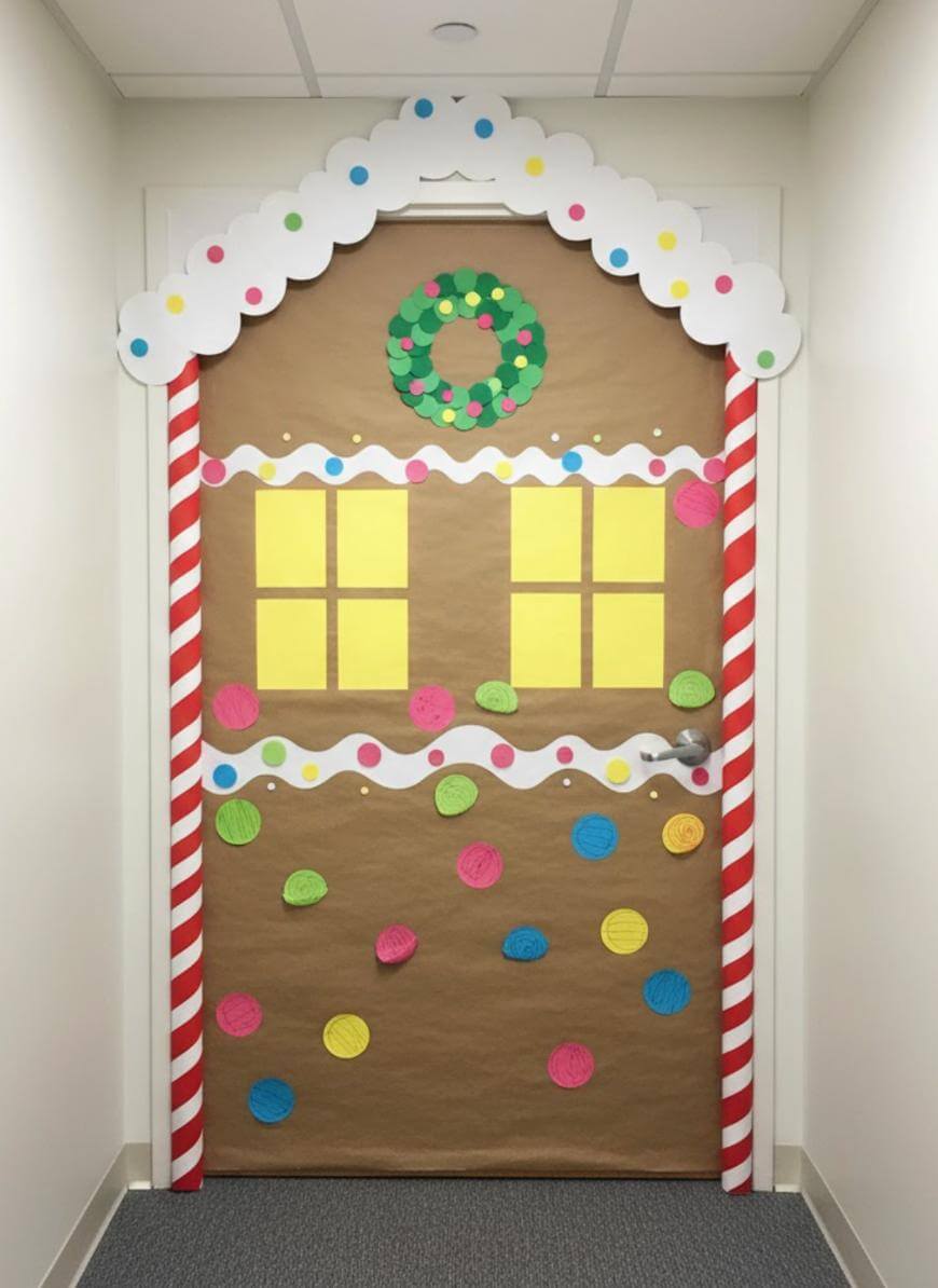 A door decorated to look like a gingerbread house with brown paper, yellow paper windows, colorful paper “candies,” red and white striped sides, and a green paper wreath above the door.