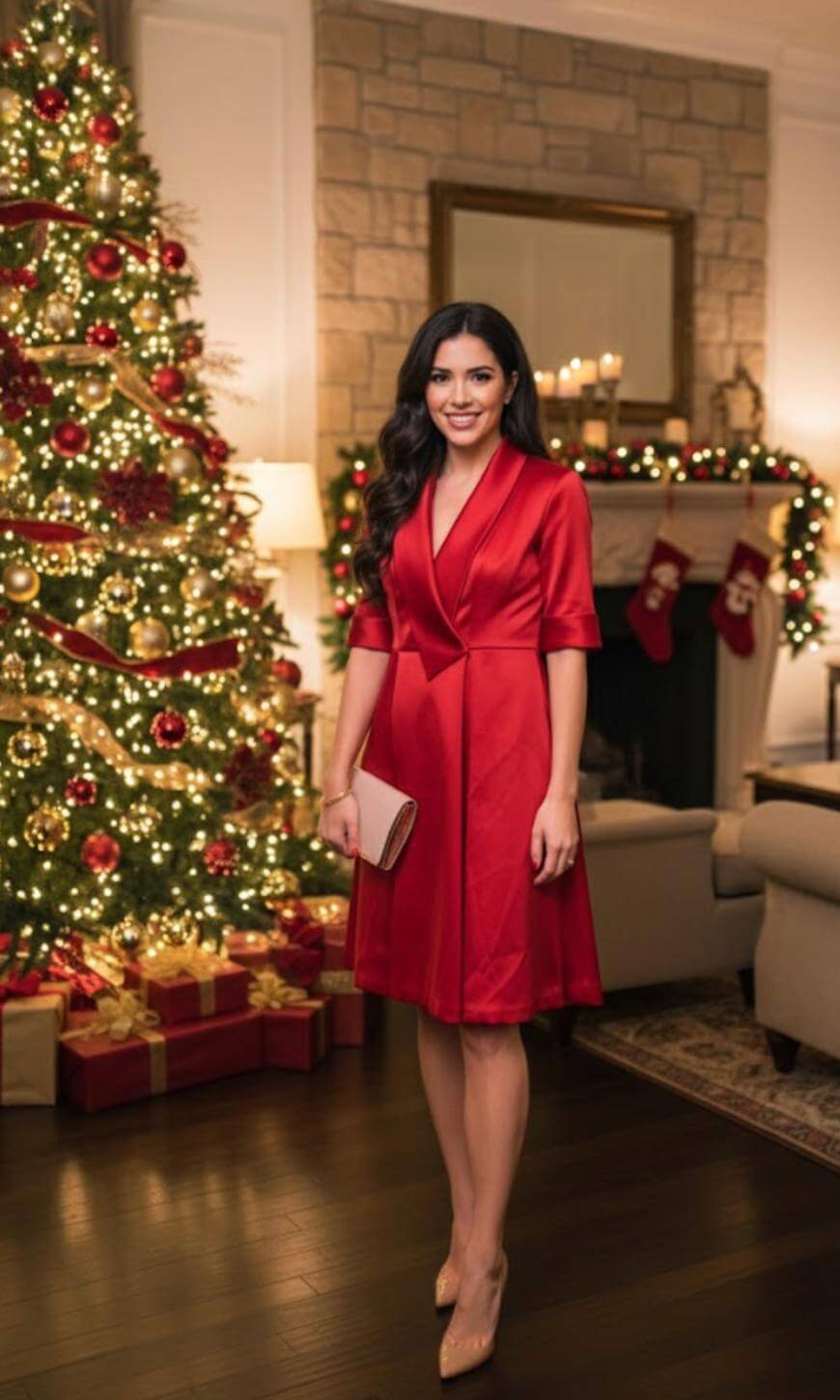 A woman in a red dress stands smiling by a decorated Christmas tree and wrapped gifts in a cozy living room with a lit fireplace and stockings hanging on the mantel.