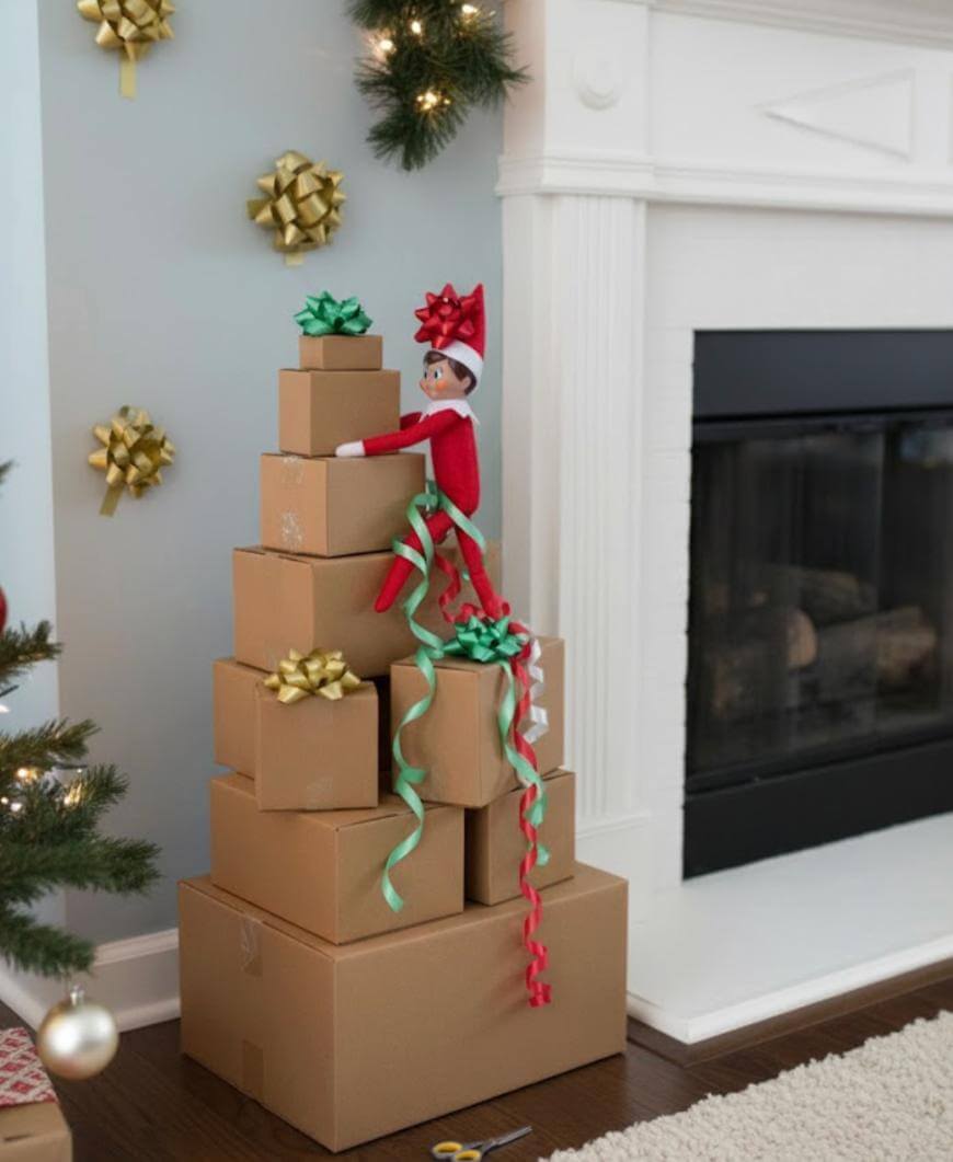 A stack of six gift boxes with colorful bows stands beside a fireplace. An elf doll with a red outfit is perched near the top of the boxes, as if climbing them. Christmas decorations and a tree are nearby.