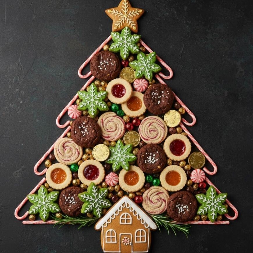 An assortment of cookies, candies, and chocolate coins arranged in the shape of a Christmas tree with a gingerbread house at the base and a gingerbread star on top, all bordered by candy canes, on a dark background.