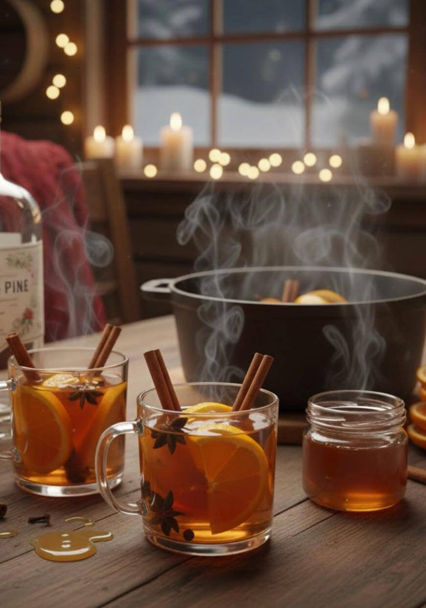 Two clear mugs of steaming mulled cider with orange slices, cinnamon sticks, and star anise sit on a wooden table. A jar of honey, a large pot, candles, and a snowy window create a cozy, festive winter scene.