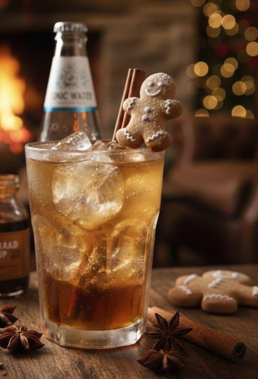 A glass of iced drink garnished with a cinnamon stick and a gingerbread cookie, with a bottle of tonic water, spices, and more cookies on a wooden table. A fireplace and holiday lights glow softly in the background.