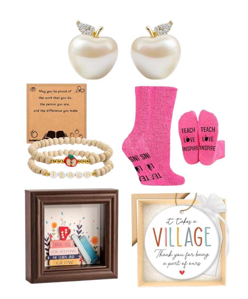 A collection of teacher appreciation gifts, including pearl apple earrings, pink socks, beaded bracelets, a framed quote, a thank-you card, and a wooden sign with books and a heart.