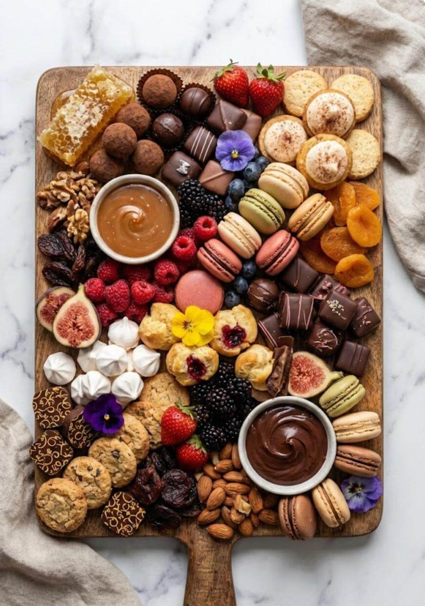 A wooden board filled with assorted desserts and snacks, including macarons, chocolates, cookies, fresh berries, dried fruits, honeycomb, nuts, and two bowls of chocolate and caramel dips, garnished with edible flowers.