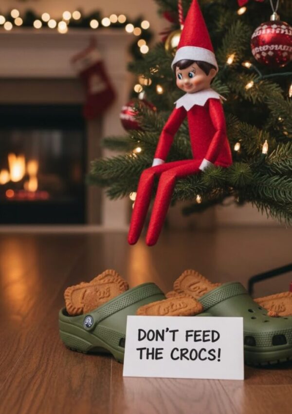 A toy elf sits on a Christmas tree branch above green Crocs filled with cookies. A sign in front of the Crocs reads, DONT FEED THE CROCS! A fireplace and stockings are in the background.
