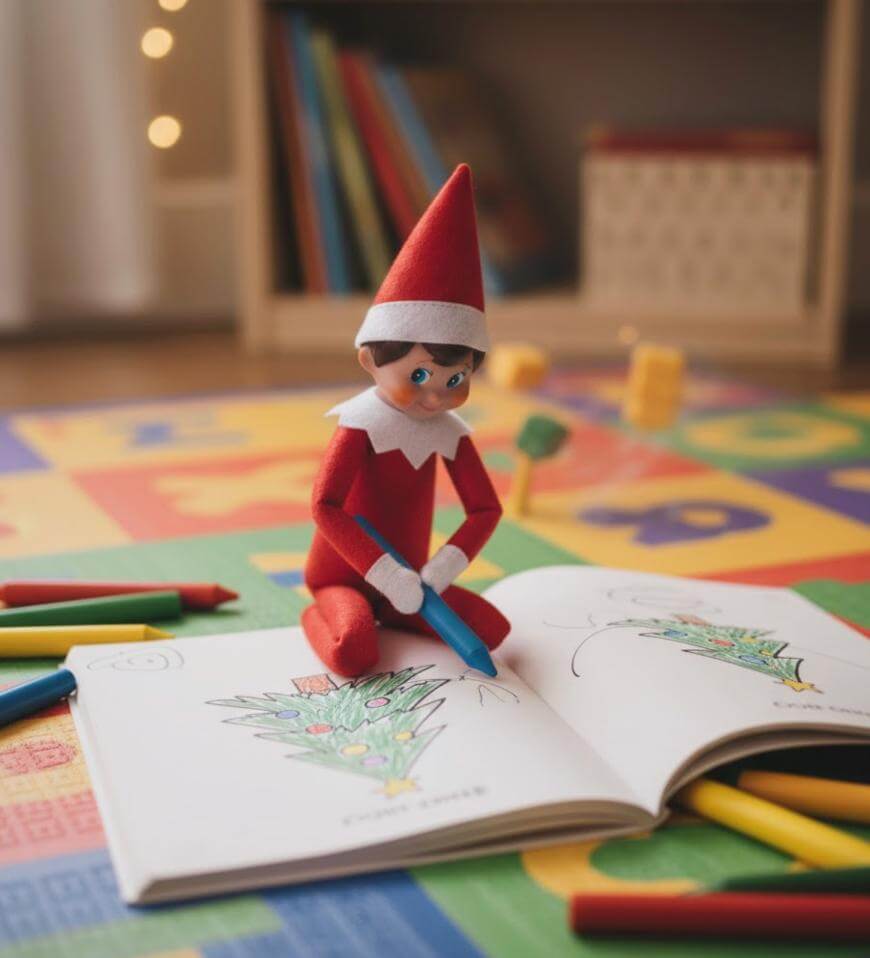 A toy elf in a red outfit sits on a colorful play mat, holding a blue crayon and coloring a Christmas tree in a coloring book. Crayons and blocks are scattered around, with a bookshelf in the background.