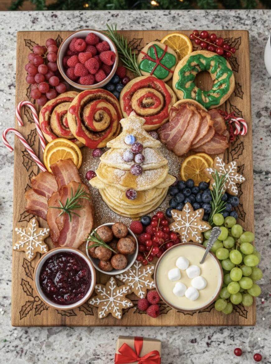 A festive breakfast board with pancakes shaped like a Christmas tree, bacon, berries, grapes, sausage, jam, fruit, cookies, candies, and pastries, all decorated with holiday-themed touches and garnishes.