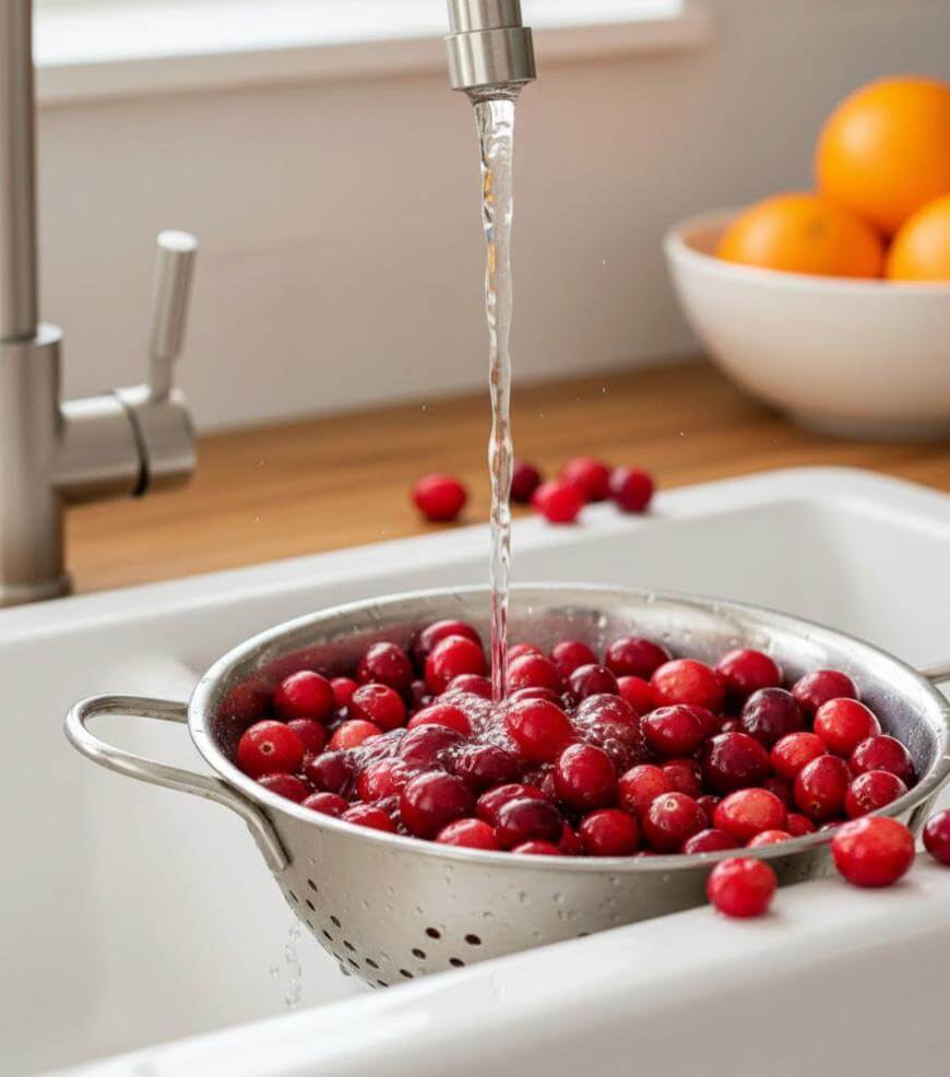 A metal colander filled with fresh cranberries is being rinsed under running water in a kitchen sink. In the background, there is a white bowl with oranges on a wooden countertop.