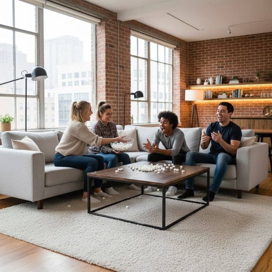 Four friends sit on a couch in a modern living room with brick walls, laughing and playing a board game on a wooden coffee table. Large windows let in natural light.