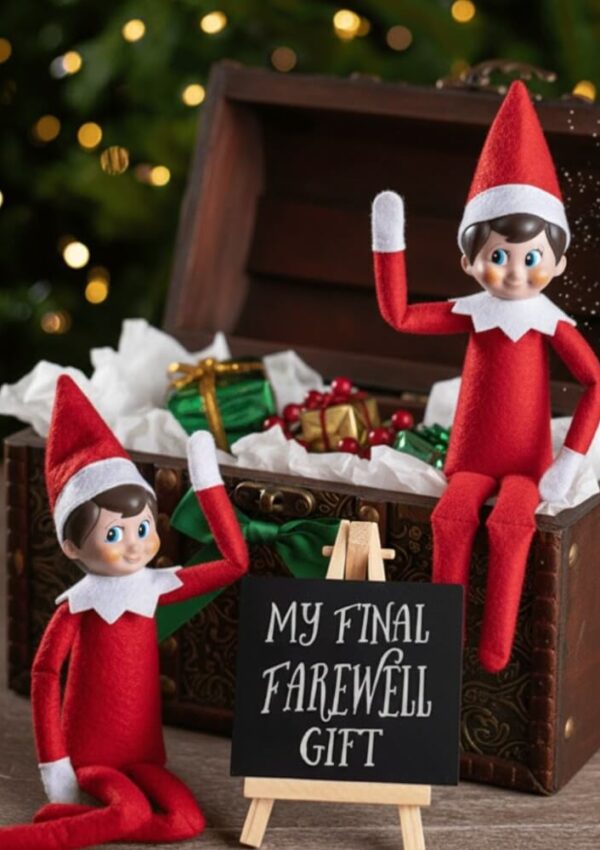 Two Elf on the Shelf dolls in red outfits sit by an open chest filled with wrapped gifts. A small sign between them reads, MY FINAL FAREWELL GIFT. A decorated Christmas tree is blurred in the background.