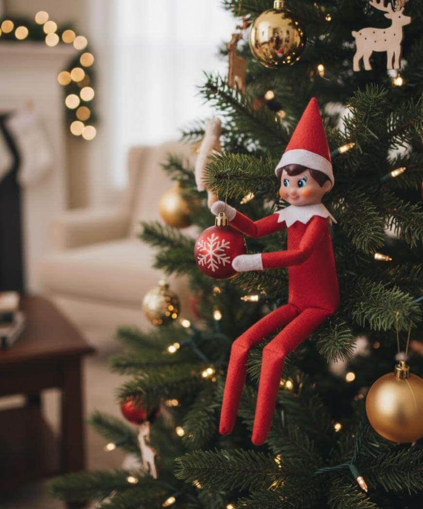 A red Elf on the Shelf doll sits on a decorated Christmas tree, holding a red snowflake ornament. The tree is adorned with gold baubles and white lights, with a blurred, cozy living room in the background.