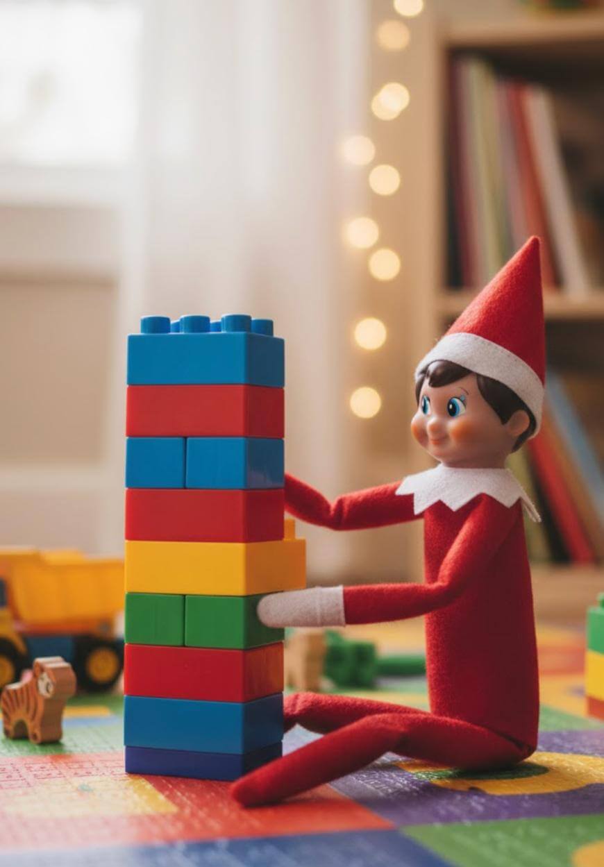A toy elf in a red outfit sits on a colorful play mat, stacking large, multicolored building blocks. A toy tiger and a yellow toy truck are in the background, with a bookshelf and fairy lights behind.