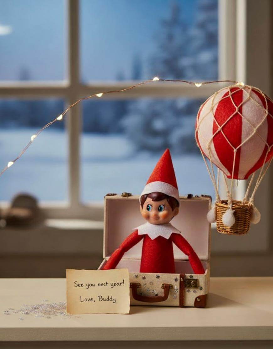 A toy elf in a suitcase sits beside a small model hot air balloon with fairy lights. A note reads, See you next year! Love, Buddy. Snowy scenery is visible through the window in the background.