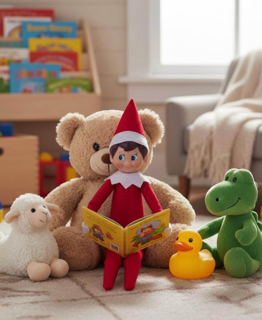 A toy elf in a red outfit sits and holds a book, surrounded by a teddy bear, a plush sheep, a rubber duck, and a green dinosaur toy in a cozy, well-lit room with childrens books on a shelf in the background.
