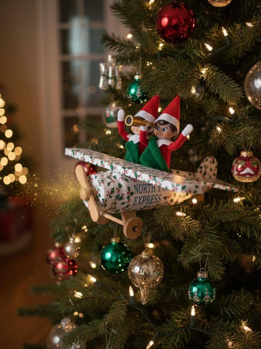 Two Elf on the Shelf dolls sit in a small decorative airplane labeled North Express, attached to a Christmas tree decorated with lights and ornaments. The background shows blurred holiday lights.