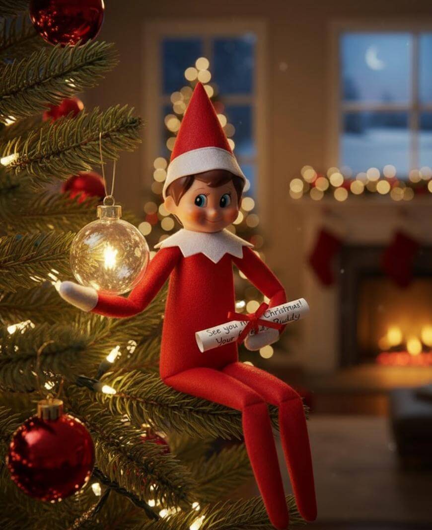 A festive elf doll in a red outfit sits on a decorated Christmas tree branch, holding a scroll. The background shows a cozy room with a fireplace, stockings, and a window revealing a snowy night.