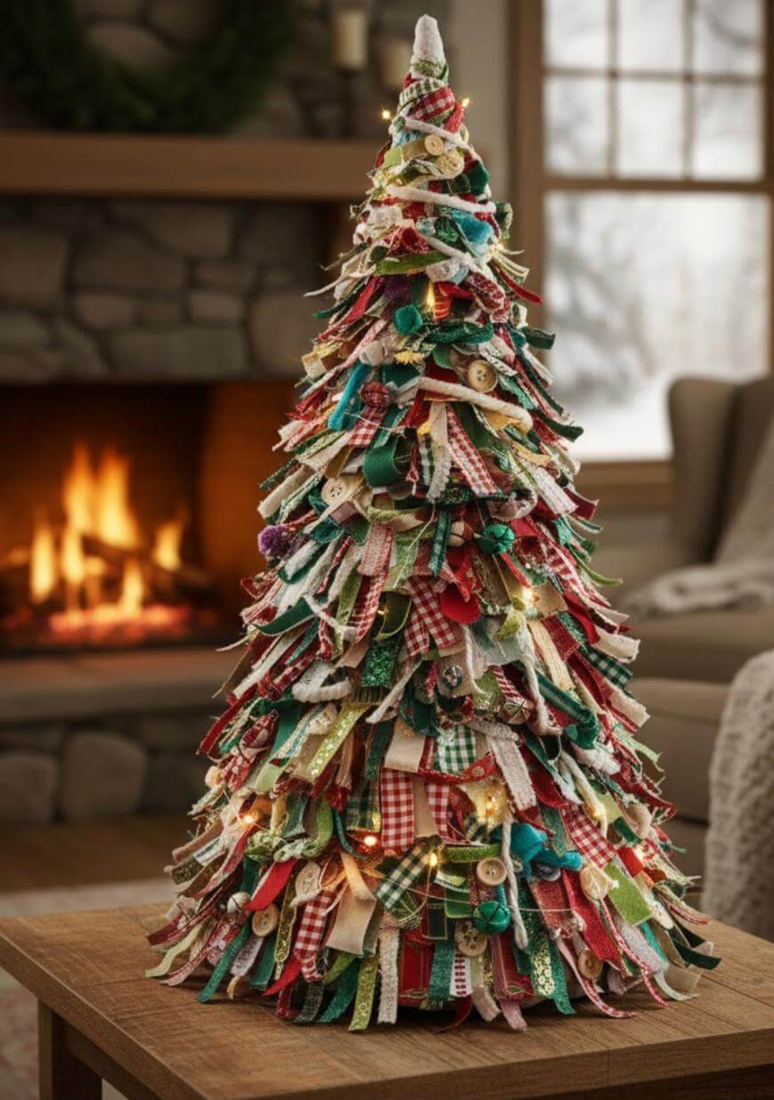 A handmade Christmas tree crafted from colorful fabric strips and buttons stands on a table in a cozy living room, with a stone fireplace and a glowing fire in the background.