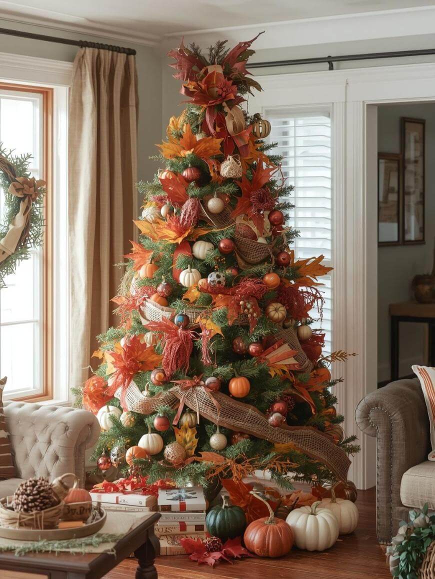 A Christmas tree decorated with autumn-themed ornaments, including orange leaves, pumpkins, burlap ribbon, and warm-toned baubles, stands in a cozy living room beside a window, armchair, and pumpkin decorations on the floor.