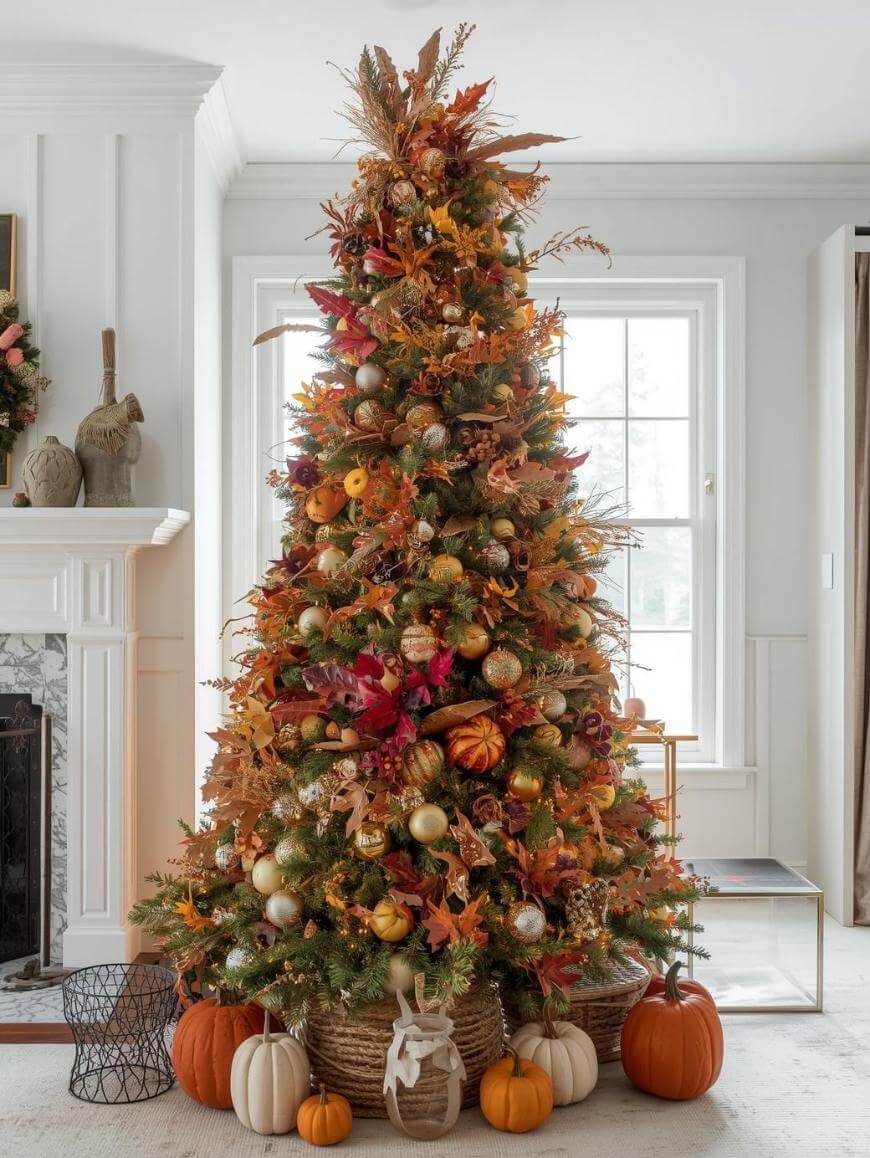A Christmas tree decorated with autumn leaves, orange and gold ornaments, and pumpkins at its base stands in a bright living room next to a fireplace.
