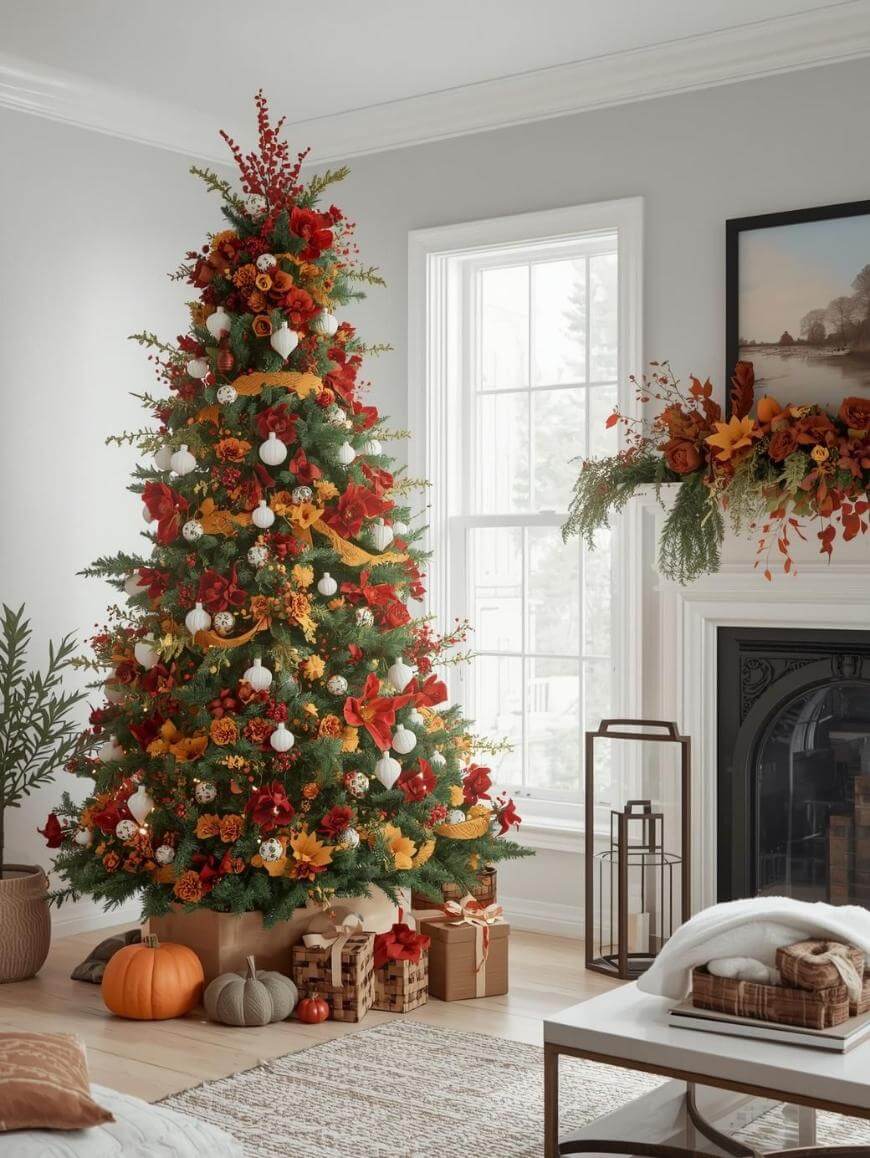 A decorated Christmas tree with red, orange, and yellow autumn-themed ornaments stands in a bright living room next to wrapped gifts and pumpkins, with a garland on the fireplace mantel and cozy decor nearby.