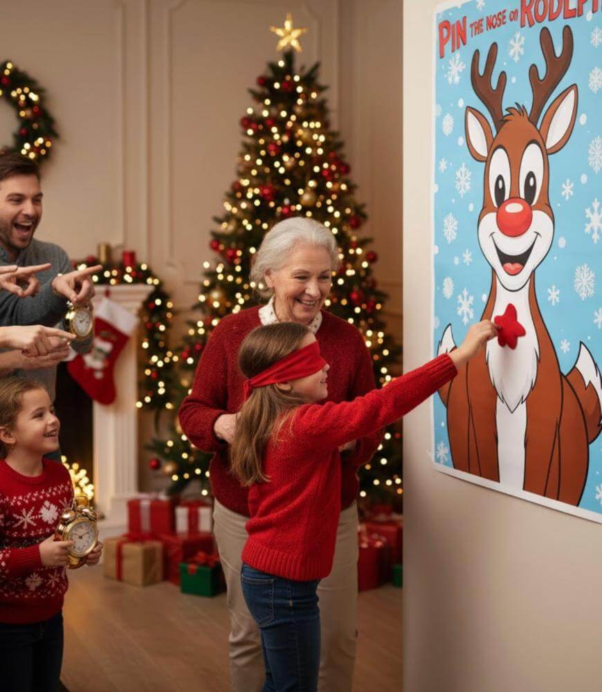 A family plays Pin the Nose on Rudolph in a festive living room with Christmas trees and presents. A blindfolded girl pins a red nose on a large Rudolph poster while others smile and watch.