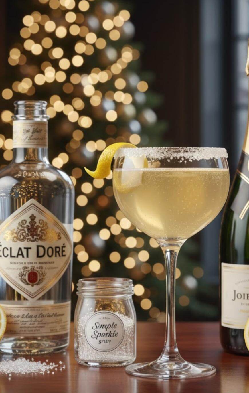A festive cocktail in a sugar-rimmed glass garnished with a lemon twist sits on a table with bottles of liqueur and champagne, a jar of sparkling sugar, and a blurred Christmas tree with lights in the background.