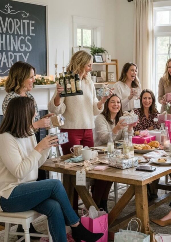 A group of women sit and stand around a table with gifts, food, and drinks, smiling and exchanging presents at a Favorite Things Party as written on a chalkboard behind them. The room is bright and cozy.