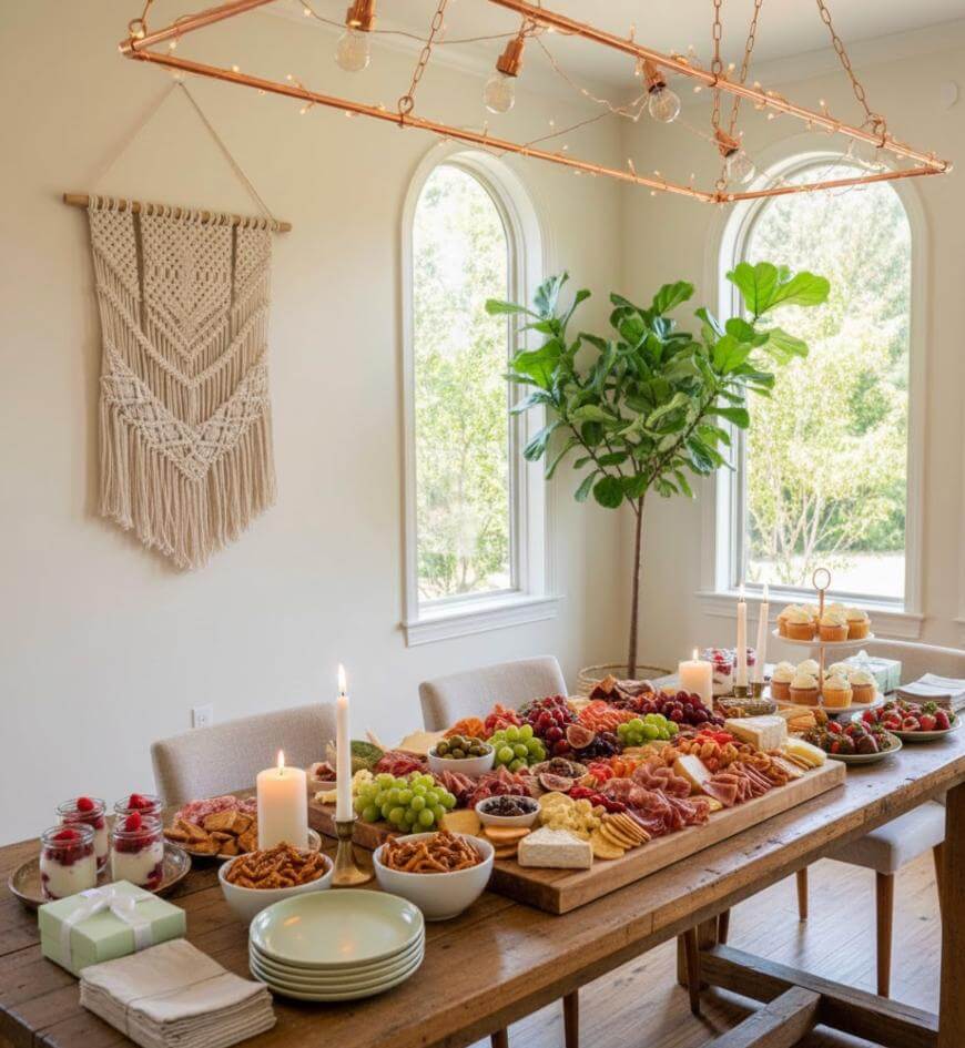 A wooden dining table set with a large charcuterie board, fruits, desserts, lit candles, plates, and gifts. Bright daylight streams through arched windows; a green plant and macrame wall hanging decorate the room.