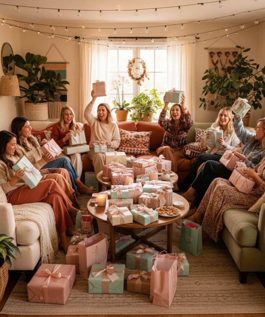 A group of seven women sit together on sofas in a cozy, decorated living room, smiling and holding wrapped gifts. Presents are stacked on the floor and table, with festive lights and plants in the background.