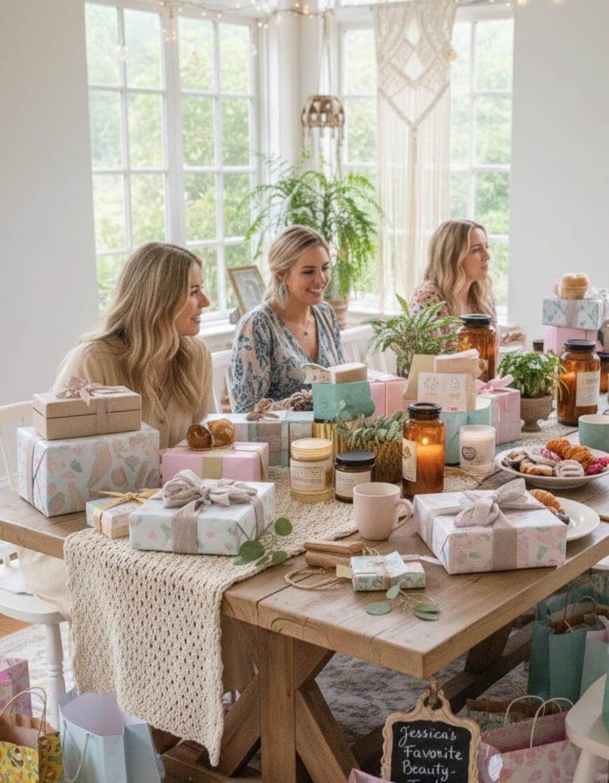 Three women sit at a wooden table decorated with wrapped gifts, candles, pastries, and greenery, in a bright, cozy room with large windows and houseplants, enjoying a cheerful gathering.